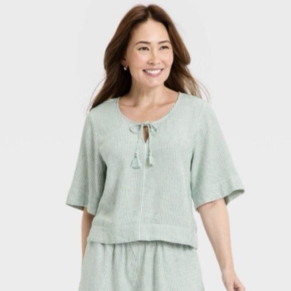 Women's Bell Elbow Sleeve Keyhole Linen Top - Universal Thread Green Stripe L